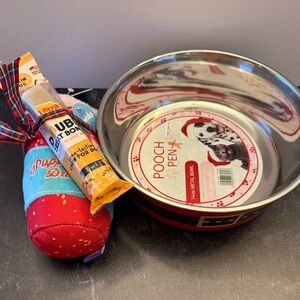 Festive Red and Black Dog Bowl with Santa Belt Design